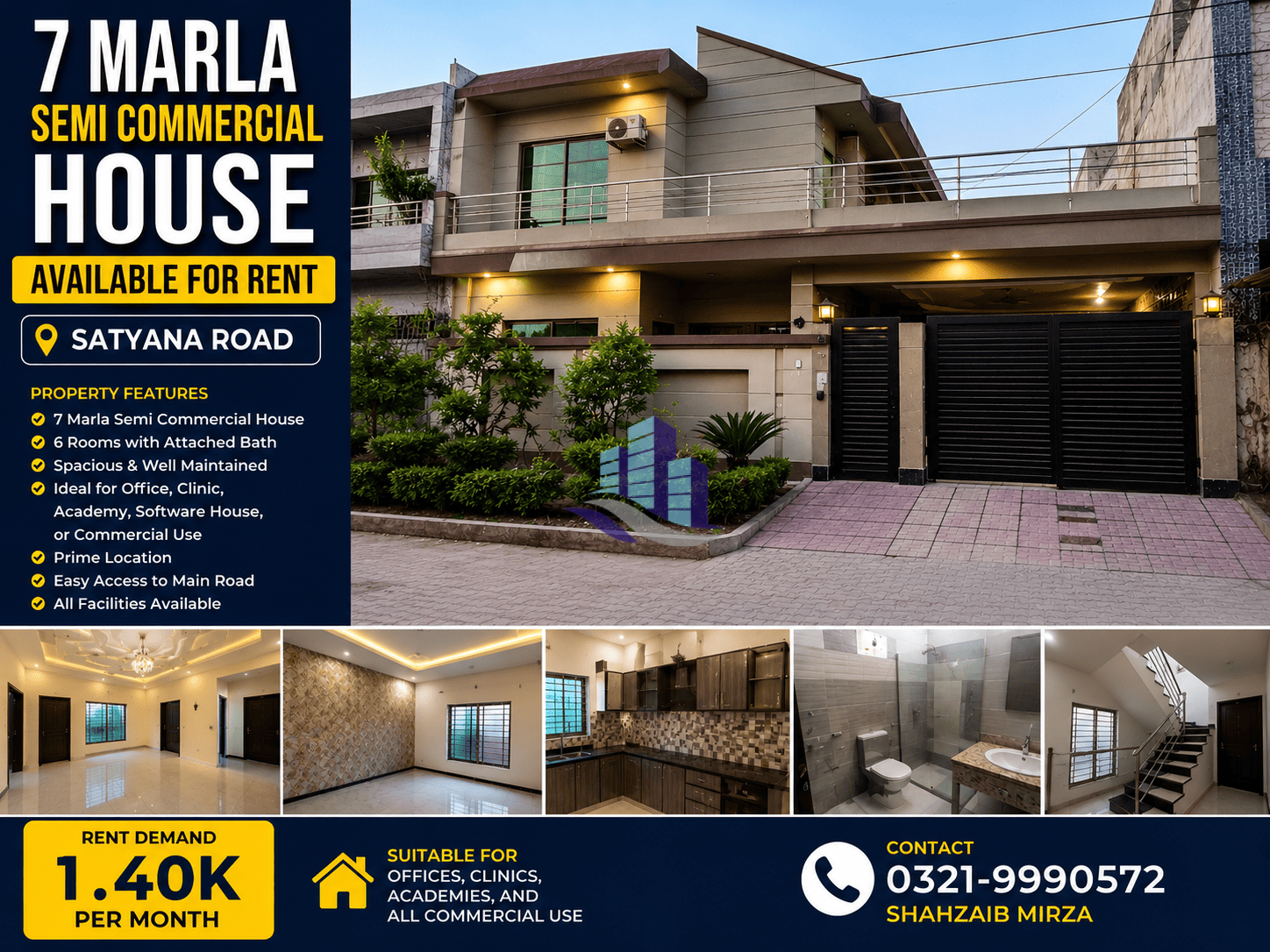 7 Marla Semi Commercial House Available for Rent on Satyana Road – Prime Location
